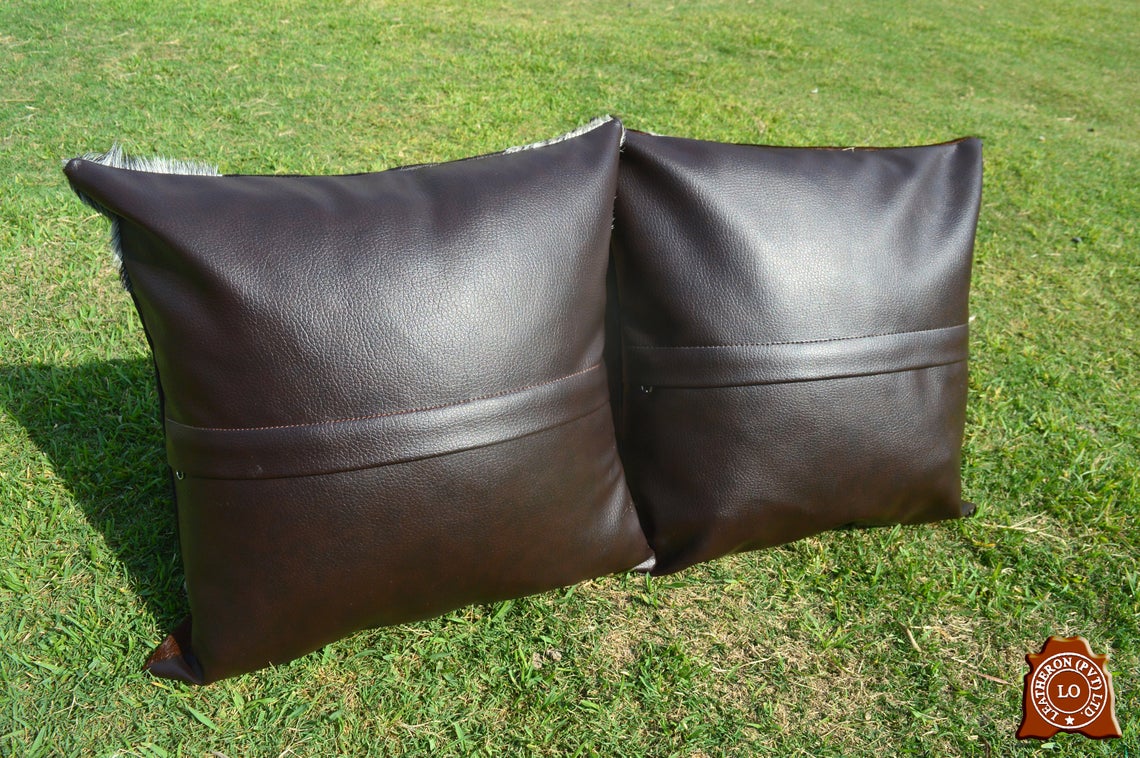 Cowhide Pillow Covers 16 X 16 inch | Set of 2 Premium Quality Hair on Leather Pillow Cases | Pair of Natural Cow Hide Cushion Covers