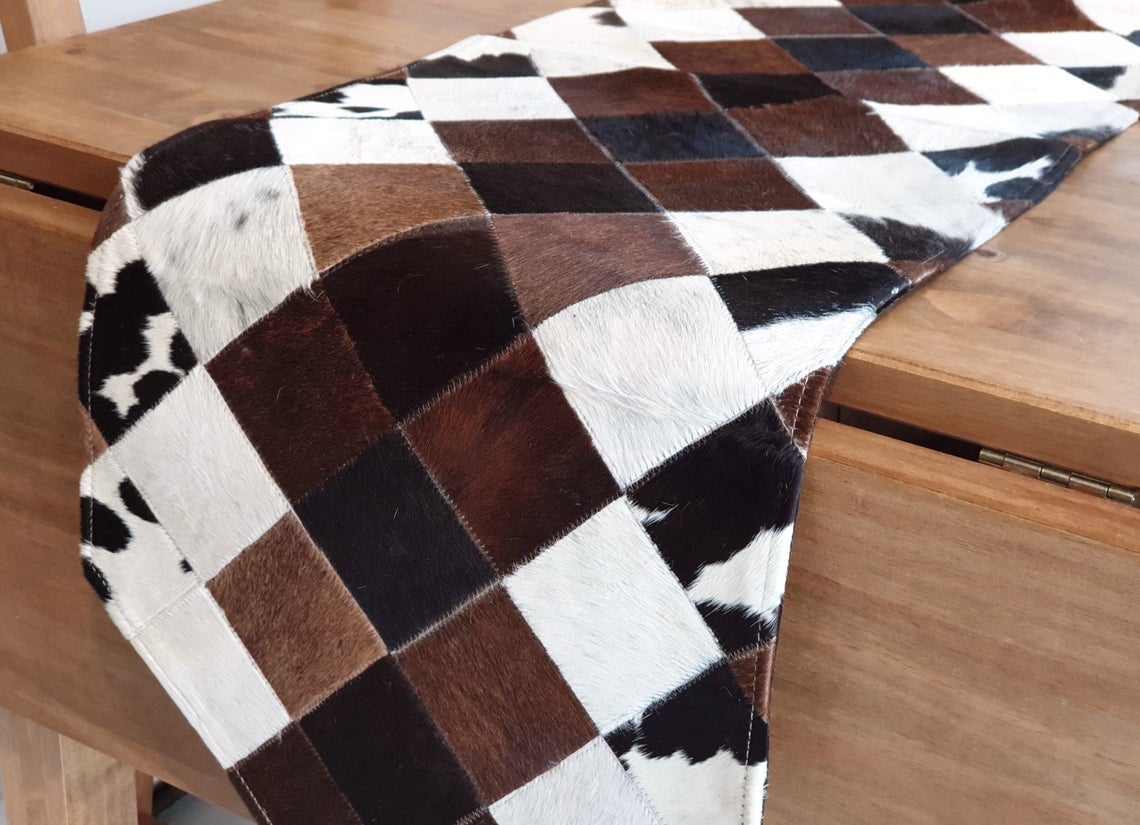 Handmade 100% Natural Cowhide Table Runner | Hair on Leather Patchwork Cow hide Table Runner | TBR15