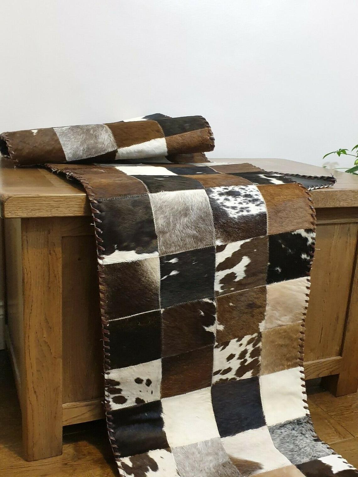 Handmade 100% Natural Cowhide Table Runner | Hair on Leather Multicolor Patchwork Cow hide Table Top