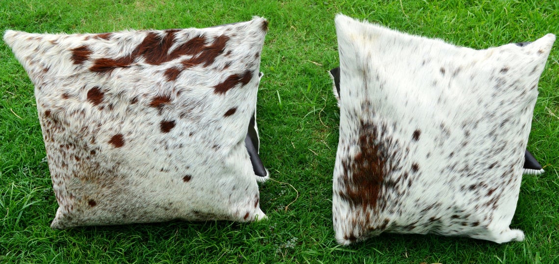 Cowhide Pillow Covers 16 X 16 inch | Set of 2 Premium Quality Hair on Leather Pillow Cases | Pair of Natural Cow Hide Cushion Covers