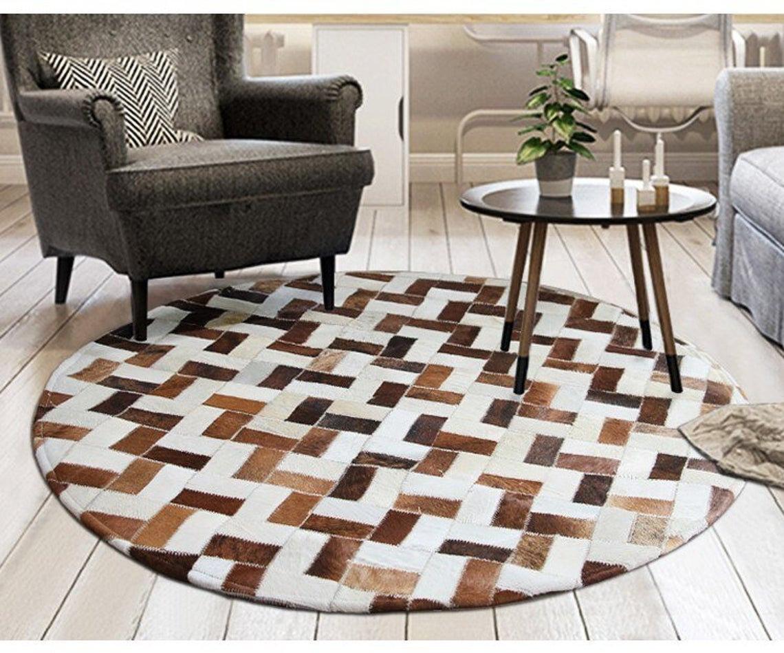 HANDMADE 100% Natural Patchwork Cowhide Area Rug | Hair on Leather Cowhide Carpet | PR104