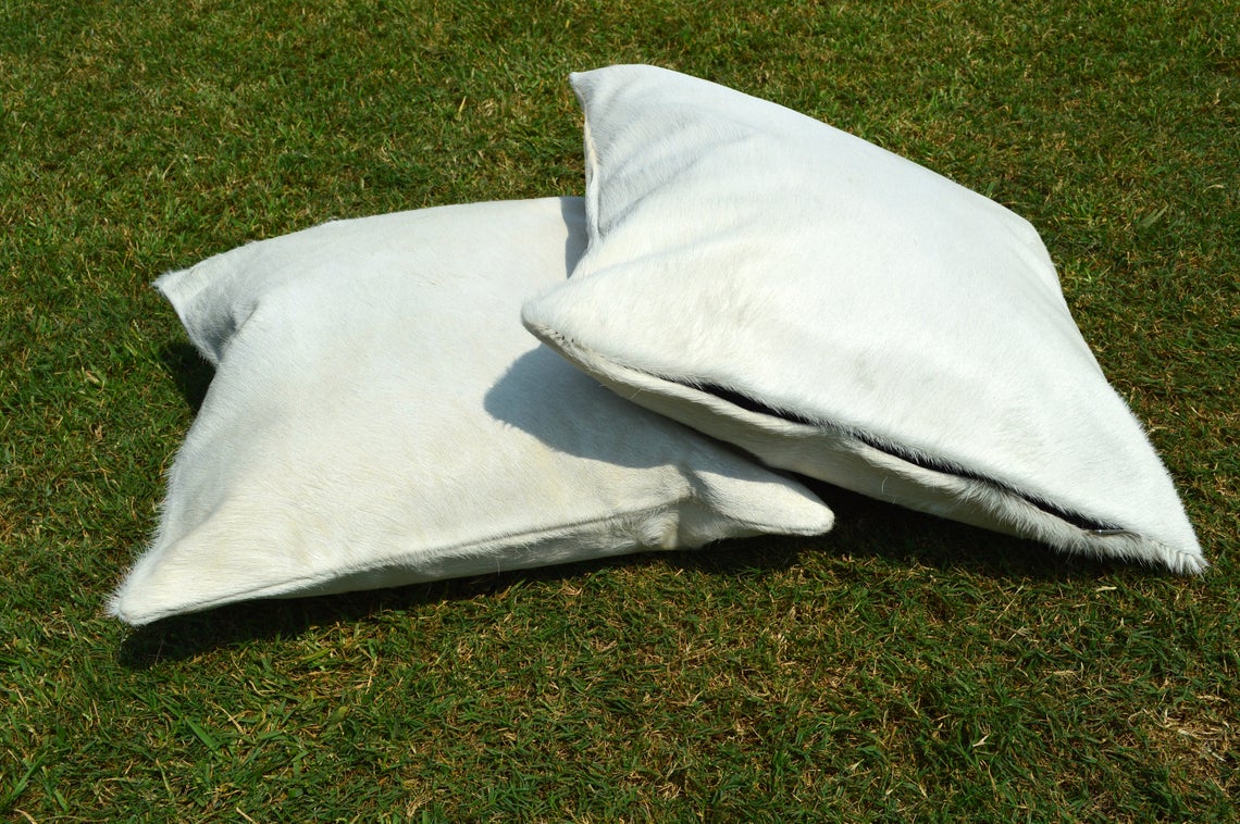 Double Sided Natural Pure White Cowhide Pillow Covers Real Hair on Leather Pillow Cases Natural Cow Skin Cushion Covers | PLW112