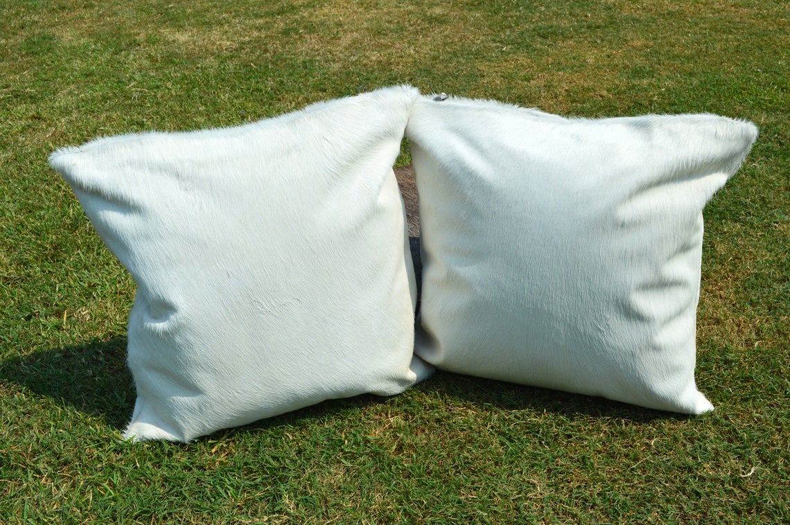 Double Sided Natural Pure White Cowhide Pillow Covers Real Hair on Leather Pillow Cases Natural Cow Skin Cushion Covers | PLW112
