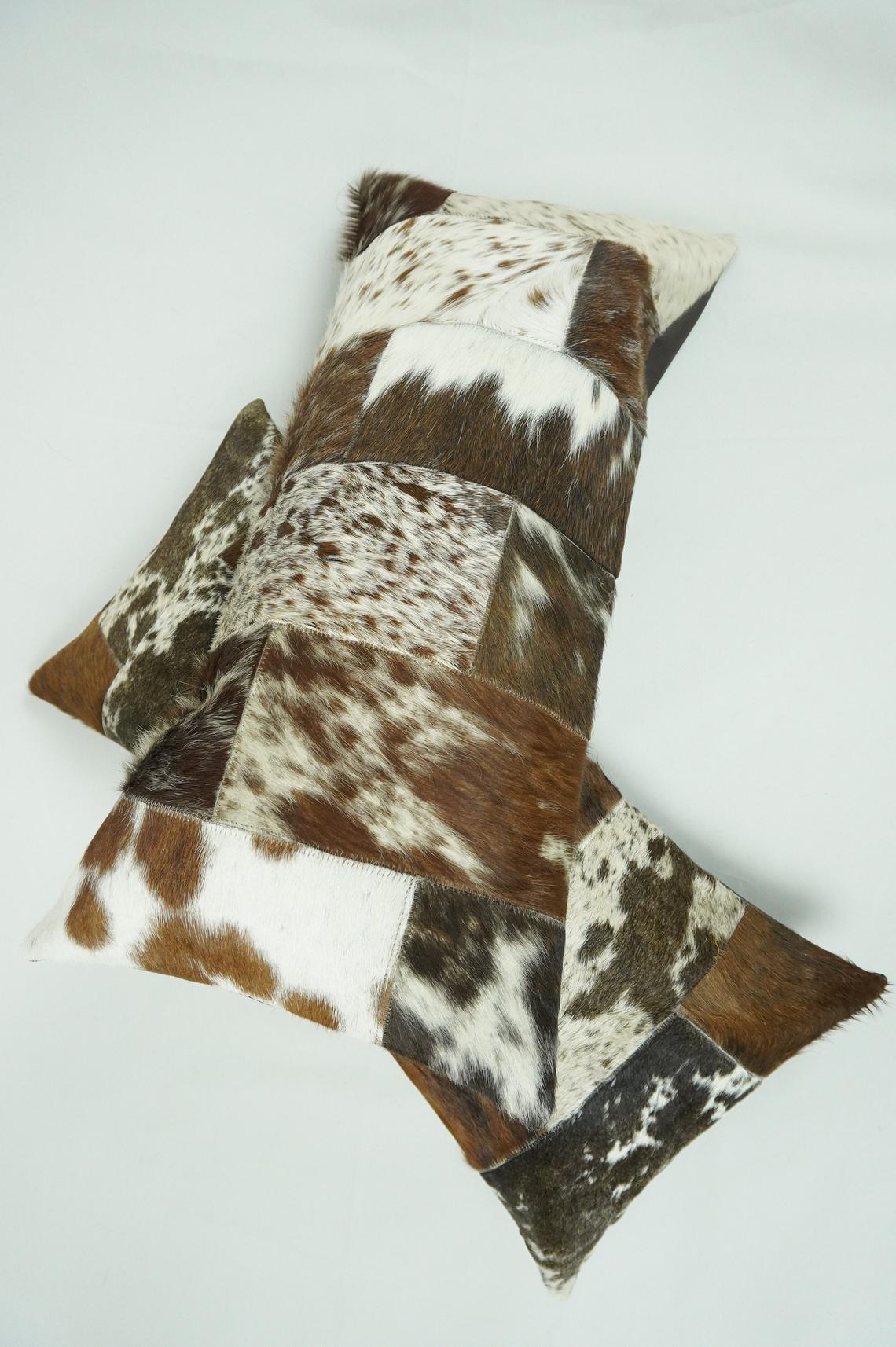 Cowhide Patchwork Pillow Covers (12 x 24 inch) 100% Natural Hair on Leather Pillow Cases Real Cow Skin Cushion Covers | PLW 187