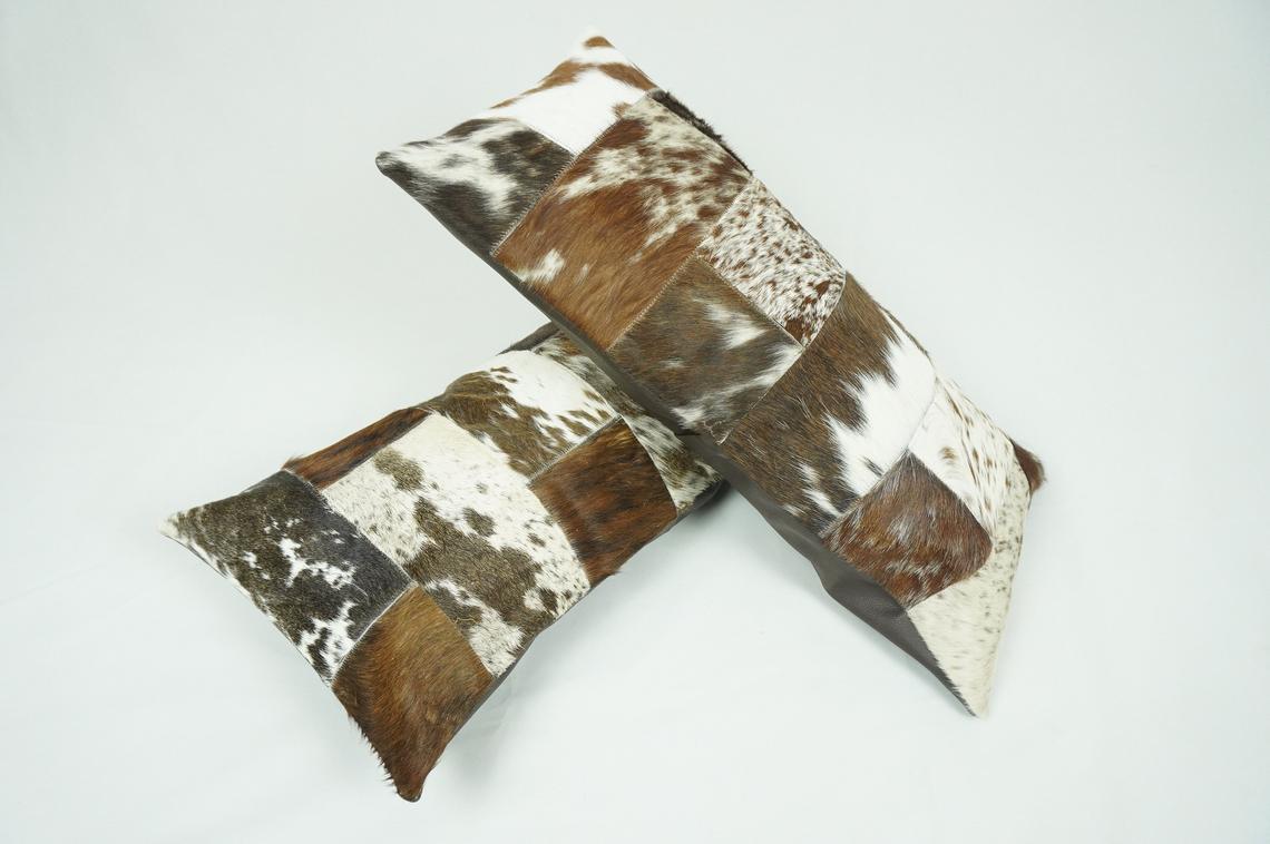 Cowhide Patchwork Pillow Covers (12 x 24 inch) 100% Natural Hair on Leather Pillow Cases Real Cow Skin Cushion Covers | PLW 187