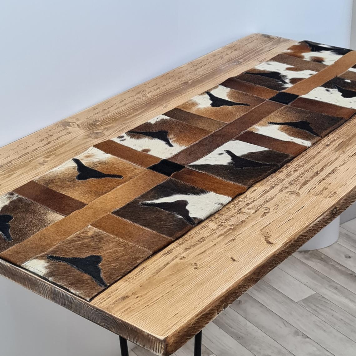 Handmade 100% Natural Cowhide Table Runner | Hair on Leather Patchwork Cow hide Table Top | TBR14