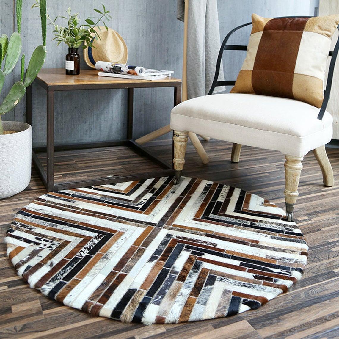 HANDMADE 100% Natural Patchwork Cowhide Area Rug | Hair on Leather Cowhide Carpet | PR99