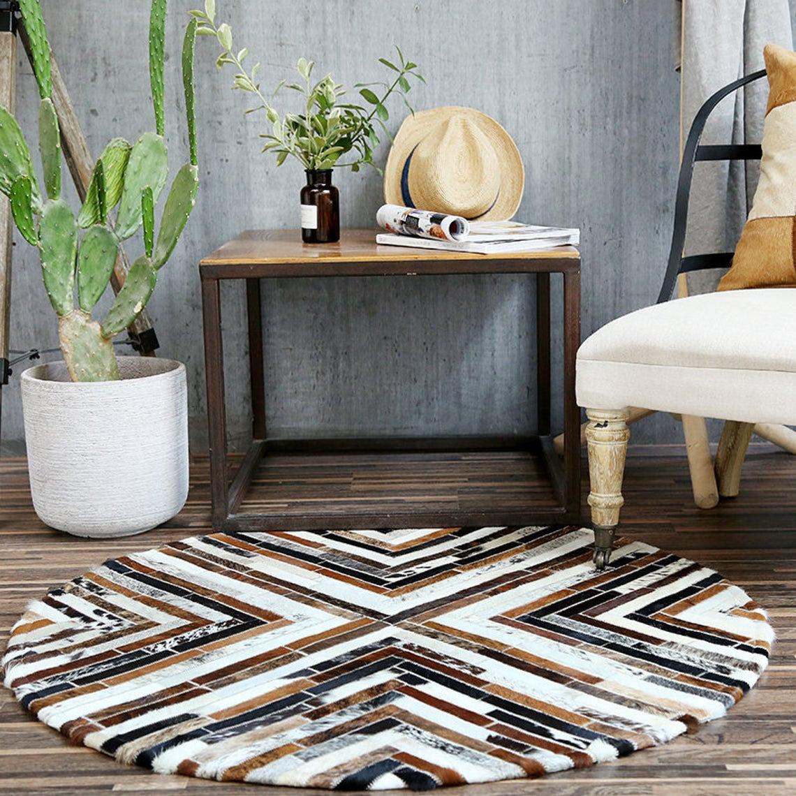 HANDMADE 100% Natural Patchwork Cowhide Area Rug | Hair on Leather Cowhide Carpet | PR99