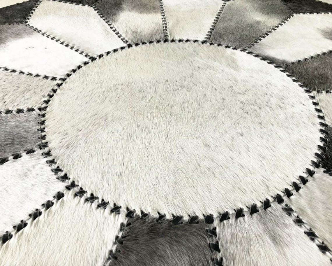 Luxurious Hair-On Cowhide Patchwork Area Carpet, Handcrafted Excellence | Hair on Leather Carpet with Leather Braided Work | PR105