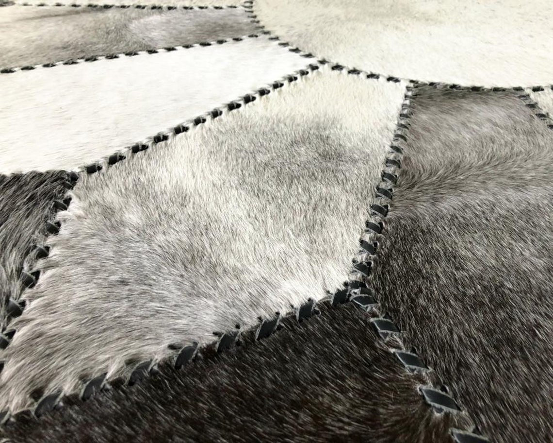 Luxurious Hair-On Cowhide Patchwork Area Carpet, Handcrafted Excellence | Hair on Leather Carpet with Leather Braided Work | PR105