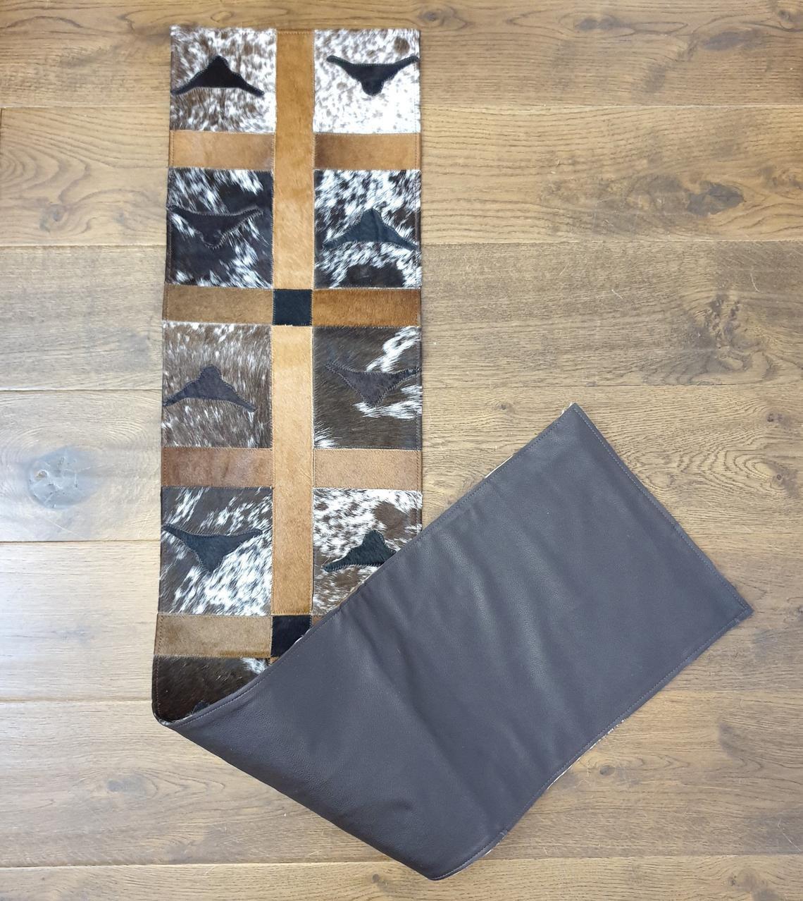 Handmade 100% Natural Cowhide Table Runner | Hair on Leather Patchwork Cow hide Table Top | TBR12