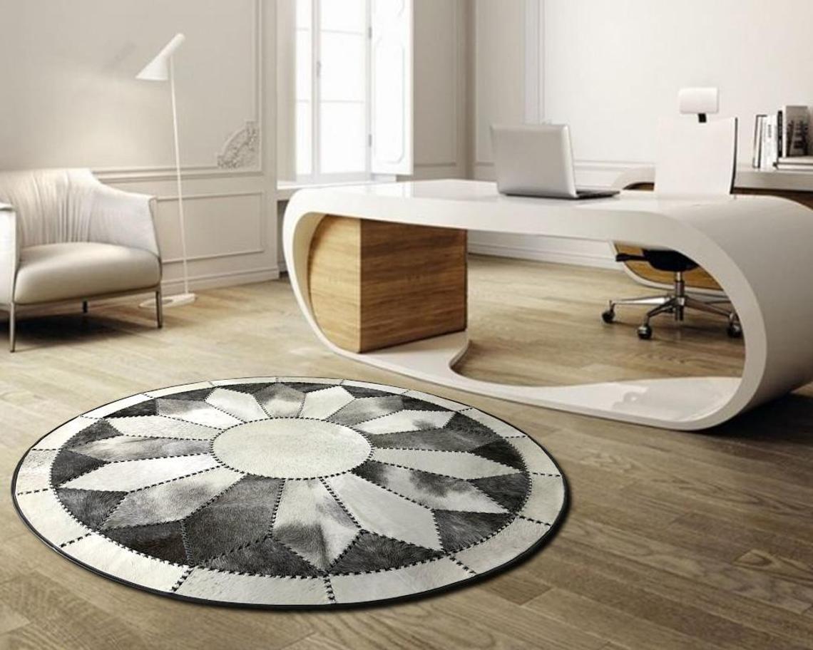 Luxurious Hair-On Cowhide Patchwork Area Carpet, Handcrafted Excellence | Hair on Leather Carpet with Leather Braided Work | PR105