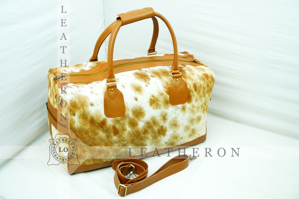 Natural COWHIDE Duffel Bag Hair On Leather TRAVEL Bag Real Cow hide Luggage Bag | DB43