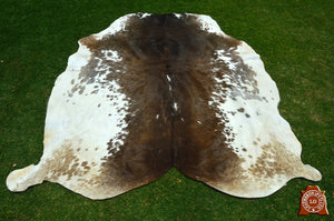 Large ( 6 X 5.2 ft ), UNIQUE Brown White Cowhide Hair-on Leather Area Rug C164 - EXACT As PHOTO