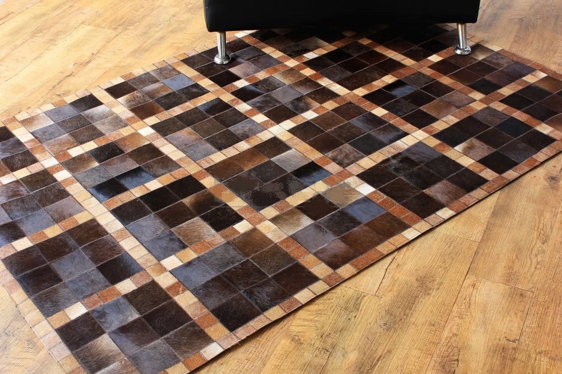 HANDMADE 100% Natural COWHIDE RUG | Patchwork Cowhide Area Rug | Real Cowhide Hallway Runner | Hair on Leather Cowhide Carpet | PR56