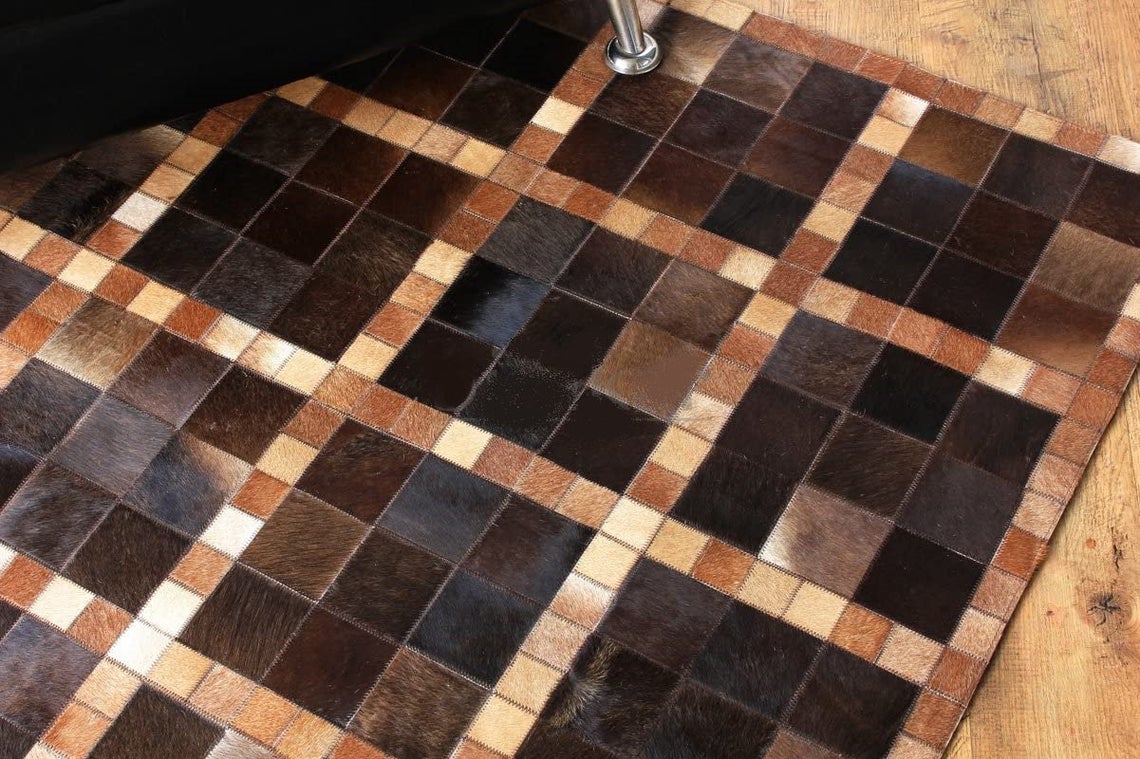 HANDMADE 100% Natural COWHIDE RUG | Patchwork Cowhide Area Rug | Real Cowhide Hallway Runner | Hair on Leather Cowhide Carpet | PR56