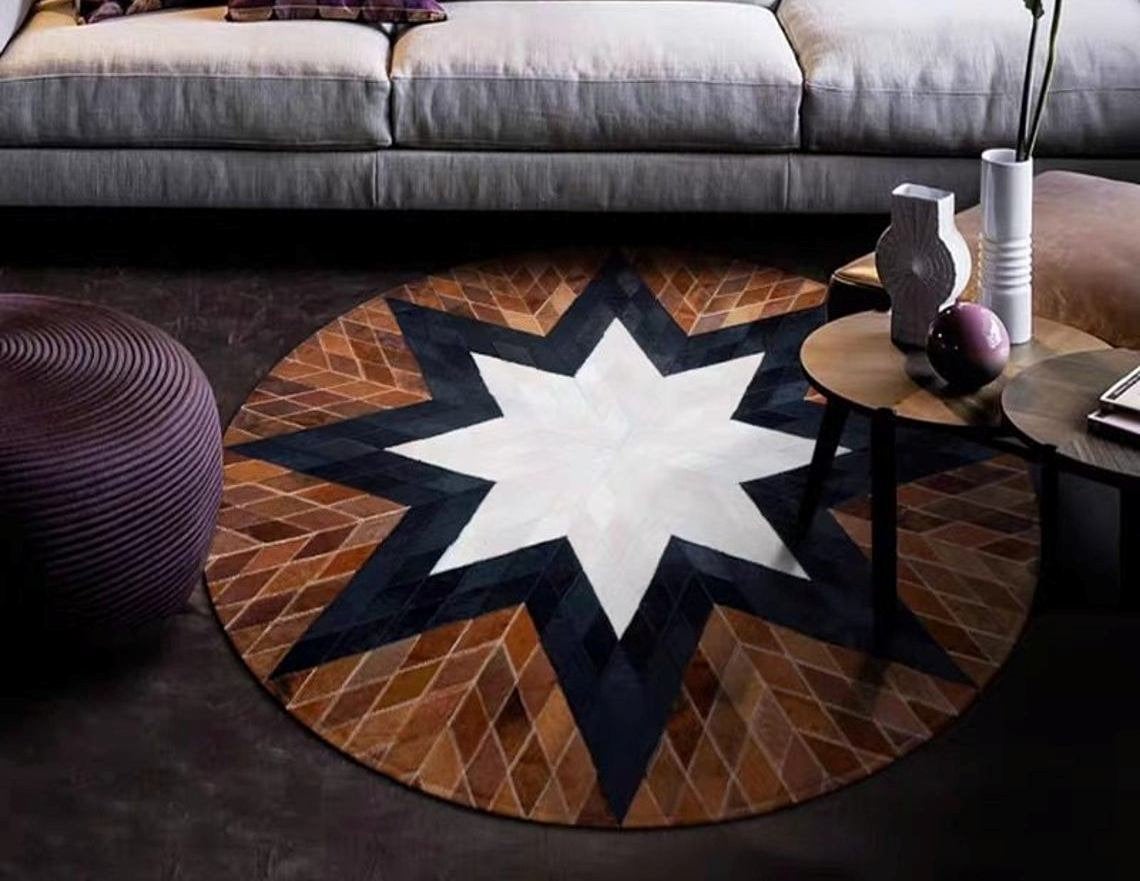 Hand-Stitched Cowhide Patchwork Rug, 100% Genuine | Hair on Leather Cowhide Carpet | PR117