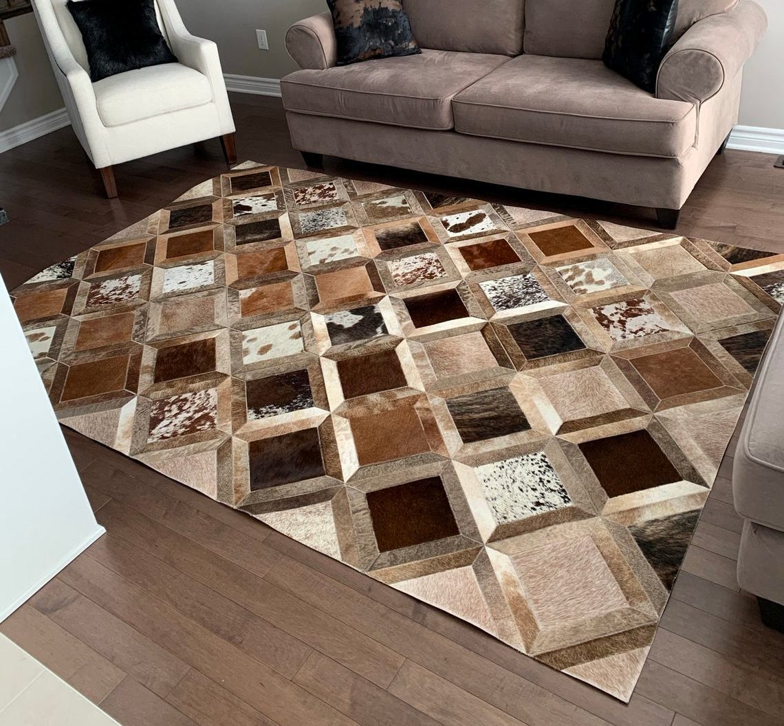 HANDMADE 100% Natural COWHIDE RUG | Patchwork Cowhide Area Rug | Real Cowhide Hallway Runner | Hair on Leather Cowhide Carpet | PR135