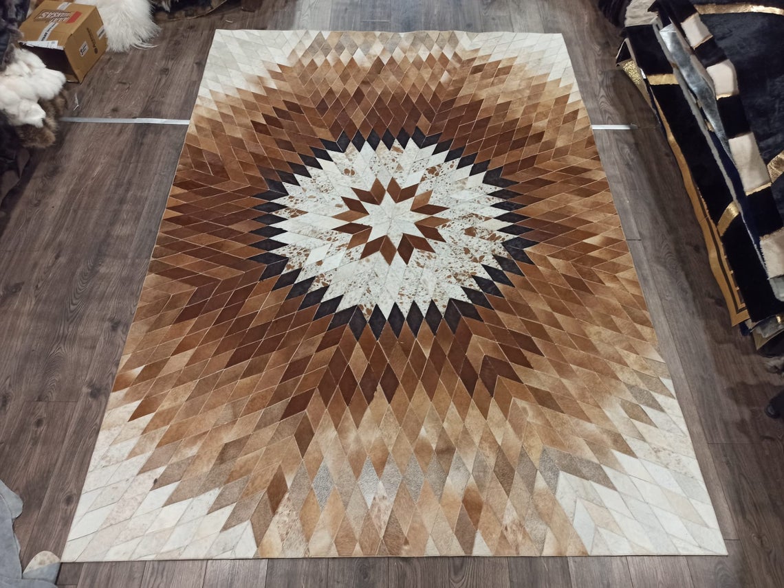Creatively HANDMADE Natural COWHIDE Patchwork RUG - Multicolor Beautiful Flower Design Carpet for Interior Décor | PR182