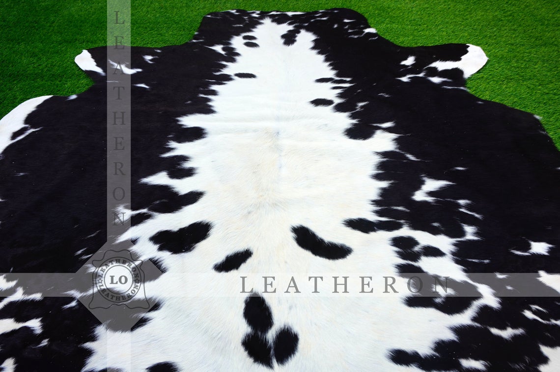 LARGE ( 6 X 5.4 ft ), Black White COWHIDE RUG | 100% Natural Cowhide Area Rug | Real Hair-on Leather Cow Hide Rug | C426 - Exact As Photo