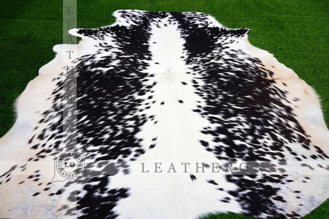 Small (4 X 4.5 ft.) EXACT As Photo, Black White Speckled COWHIDE RUG | 100% Natural Cowhide Area Rug | Real Hair-on Leather Rug | C441