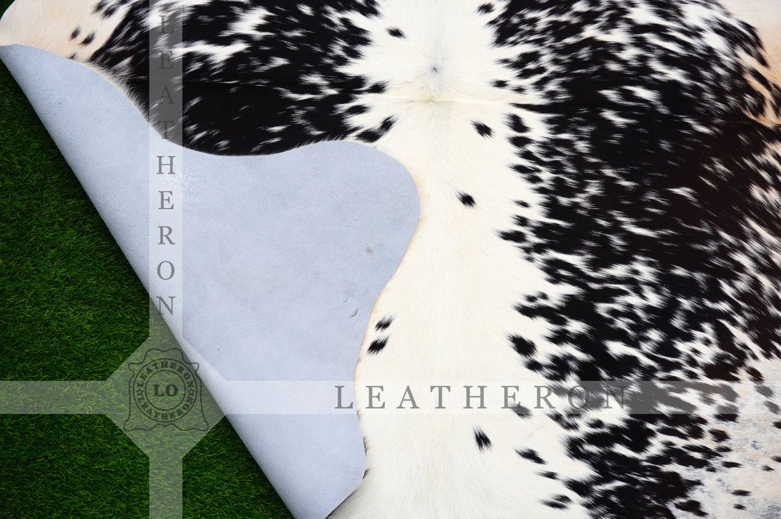 Small (4 X 4.5 ft.) EXACT As Photo, Black White Speckled COWHIDE RUG | 100% Natural Cowhide Area Rug | Real Hair-on Leather Rug | C441