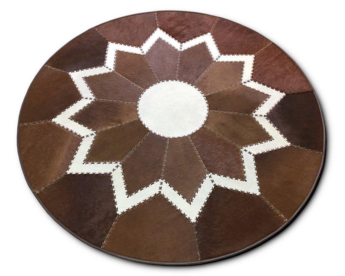Handcrafted Genuine Leather Cowhide Area Carpet | Hair on Leather Braided Stitching Carpet | PR111