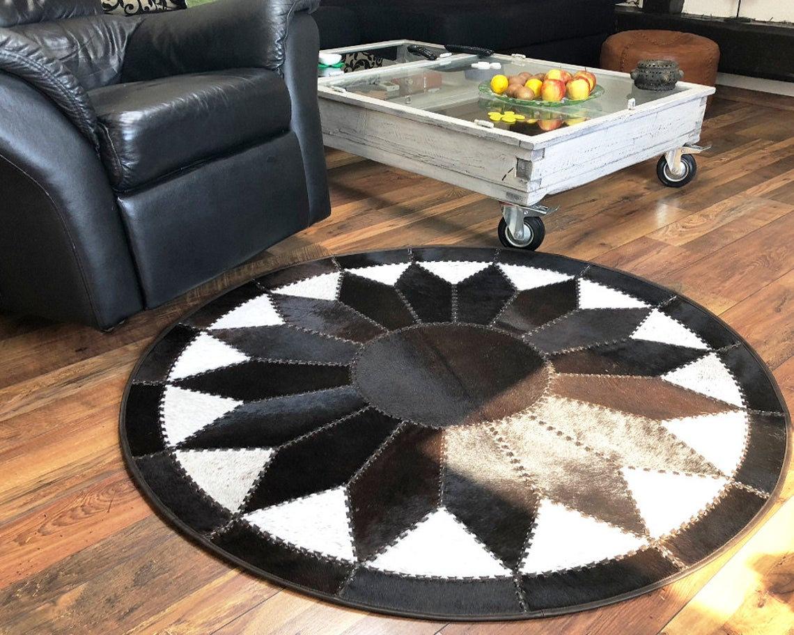 Luxurious Hair-On Cowhide Patchwork Area Carpet, Handcrafted Excellence | Hair on Leather Carpet with Leather Braided Work | PR105