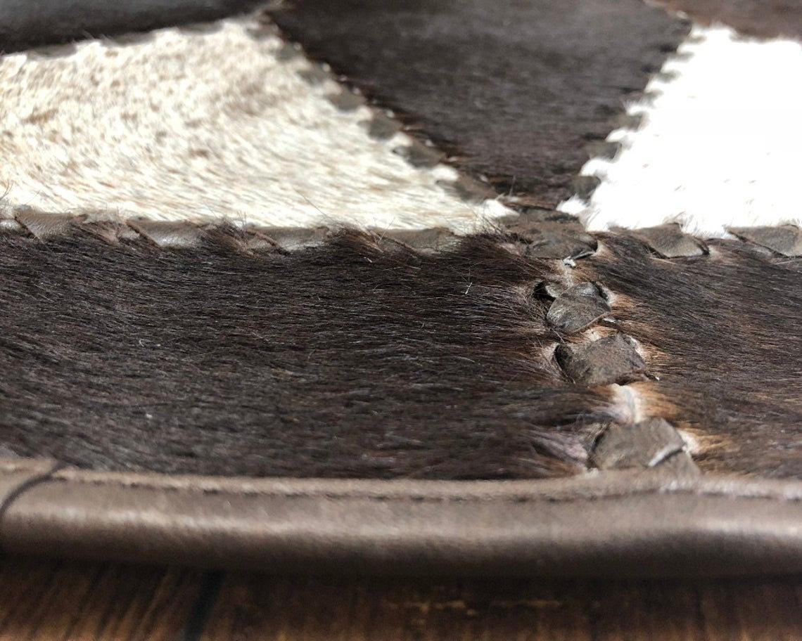 Luxurious Hair-On Cowhide Patchwork Area Carpet, Handcrafted Excellence | Hair on Leather Carpet with Leather Braided Work | PR105