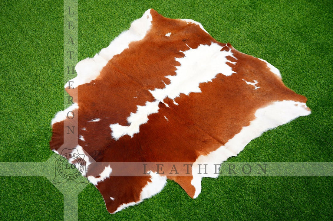 EXACT As Photo (4.3 X 4.4 ft.), Unique Brown White COWHIDE RUG | 100% Natural Cowhide Area Rug | Real Hair-on Leather Cow Hide Rug | C437