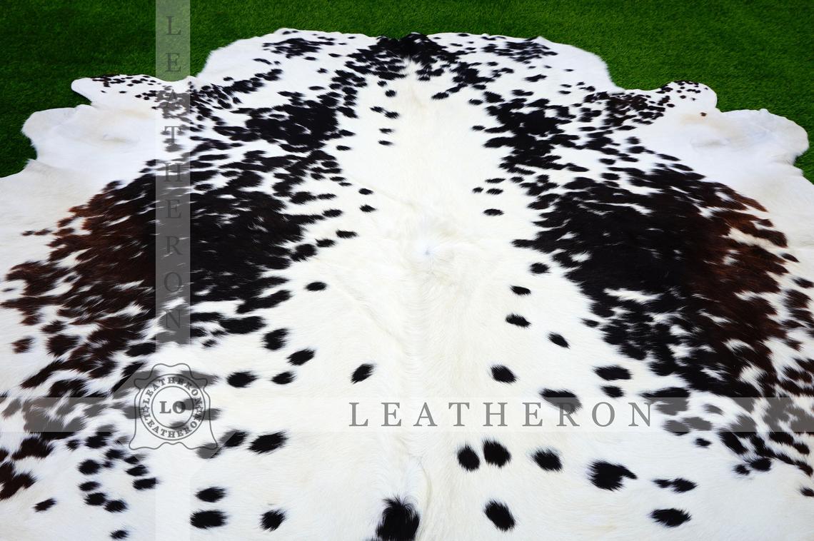 LARGE ( 5.4 X 5.6 ft.), Black White COWHIDE RUG | 100% Natural Cowhide Area Rug | Real Hair-on Leather Cow Hide Rug | C430 - Exact As Photo