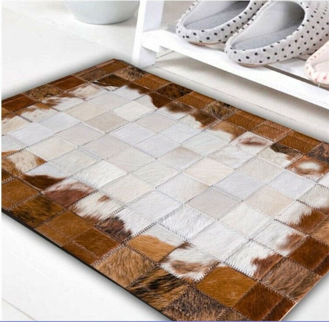 HANDMADE 100% Natural COWHIDE RUG | Patchwork Cowhide Area Rug | Real Cowhide Hallway Runner | Hair on Leather Cowhide Carpet | PR16