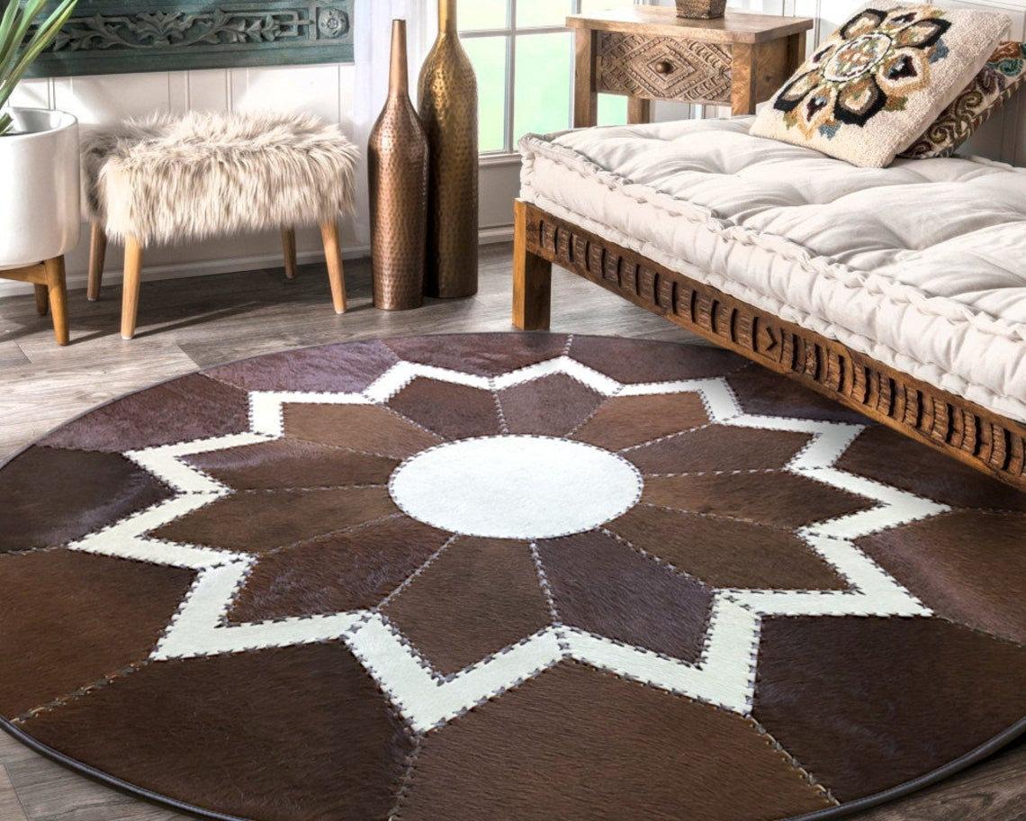 Handcrafted Genuine Leather Cowhide Area Carpet | Hair on Leather Braided Stitching Carpet | PR111