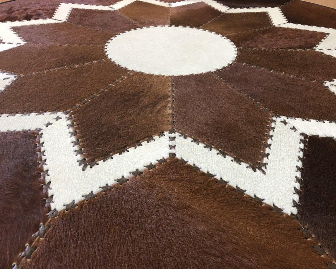 Handcrafted Genuine Leather Cowhide Area Carpet | Hair on Leather Braided Stitching Carpet | PR111