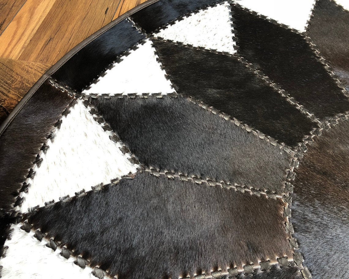Luxurious Hair-On Cowhide Patchwork Area Carpet, Handcrafted Excellence | Hair on Leather Carpet with Leather Braided Work | PR105