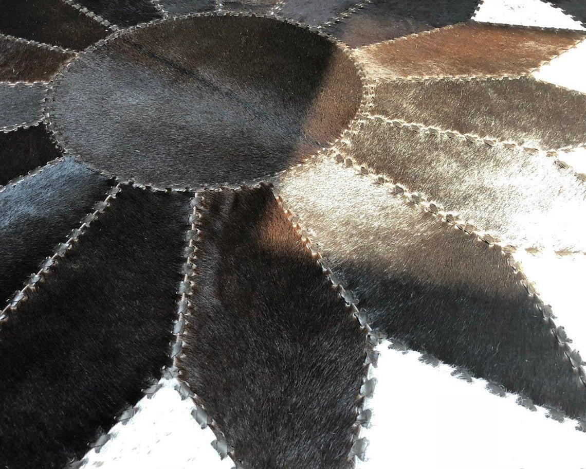 Luxurious Hair-On Cowhide Patchwork Area Carpet, Handcrafted Excellence | Hair on Leather Carpet with Leather Braided Work | PR105