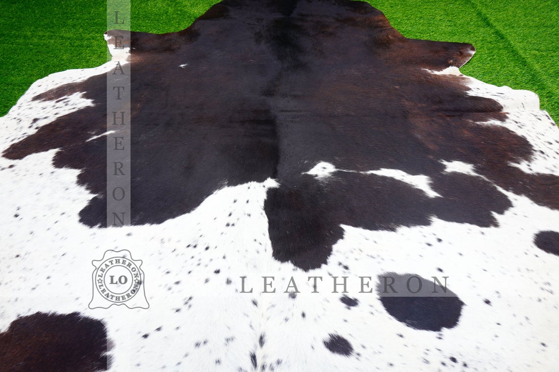 Large (5.6 X 6 ft.) EXACT As Photo, Tricolor COWHIDE RUG | 100% Natural Cowhide Area Rug | Hair-on Leather Cowhide Rug | C457