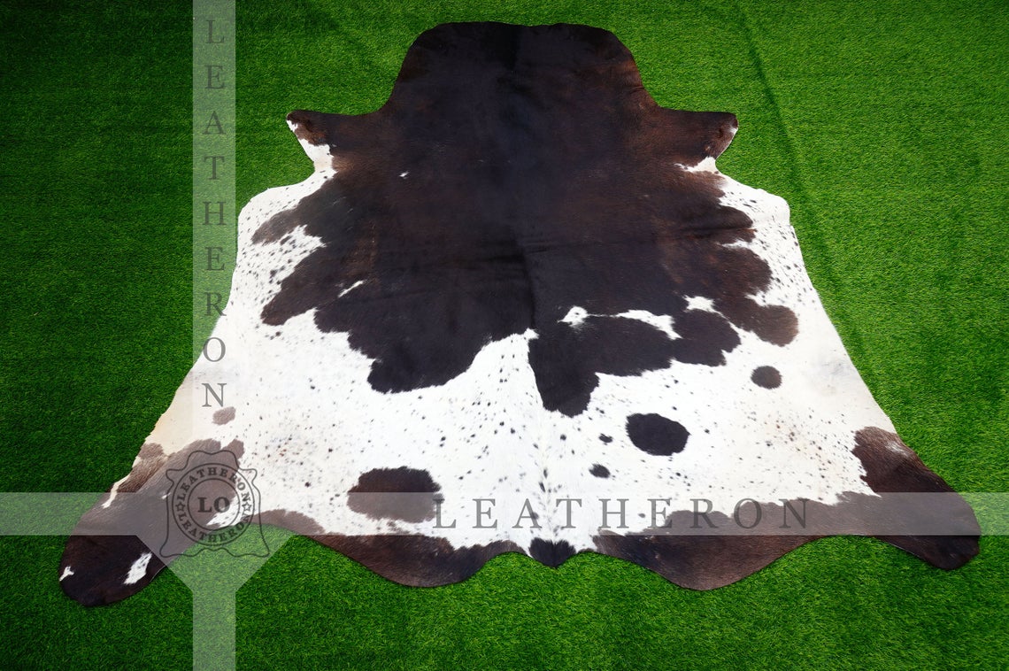 Large (5.6 X 6 ft.) EXACT As Photo, Tricolor COWHIDE RUG | 100% Natural Cowhide Area Rug | Hair-on Leather Cowhide Rug | C457