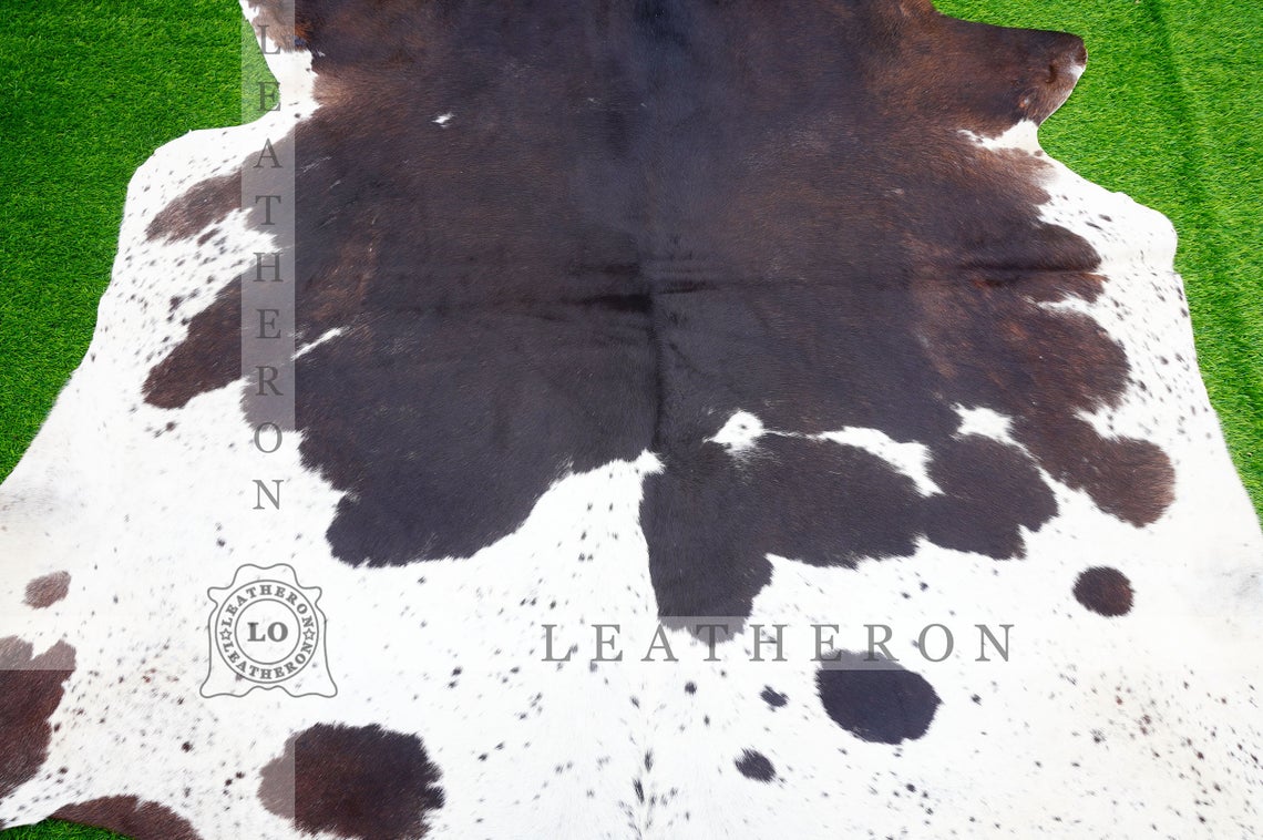 Large (5.6 X 6 ft.) EXACT As Photo, Tricolor COWHIDE RUG | 100% Natural Cowhide Area Rug | Hair-on Leather Cowhide Rug | C457