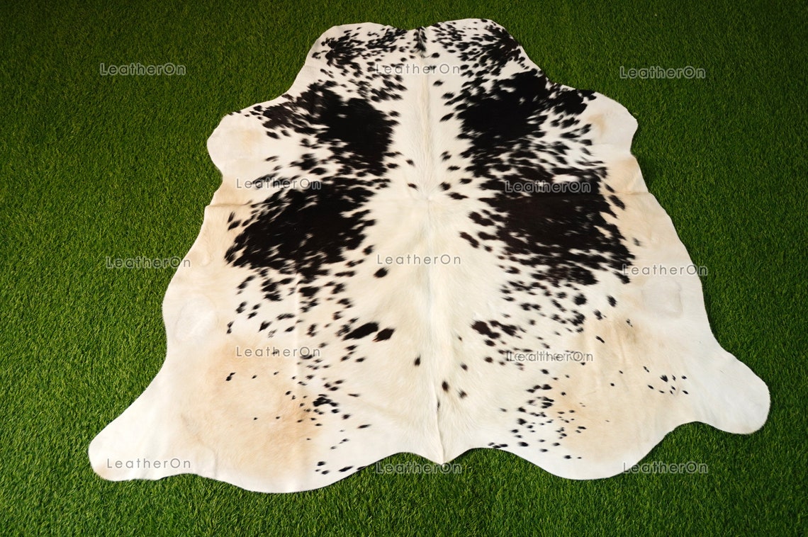 Small ( 4.5 x 4.5 ft.) EXACT As Photo, Black White Speckled COWHIDE RUG | 100% Natural Cowhide Rug | Hair-on Leather Cow Hide Rug | C529