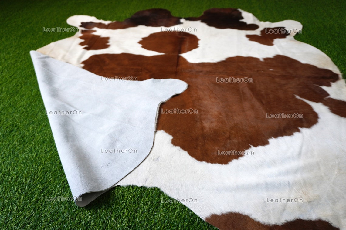 Large (5.8 x 5.8 ft.) EXACT As Photo, Brown White COWHIDE Area RUG | 100% Natural Cowhide Rug | Hair-on Cowhide Leather Rug | C548