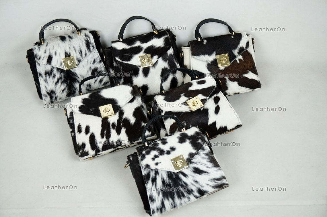 Cowhide Mini Hand Bag with Strap | 100% Natural Cowhide Top Handle Bag | Real Hair On Cowhide Leather Ladies Bag | Cow Skin Small Hand Bag