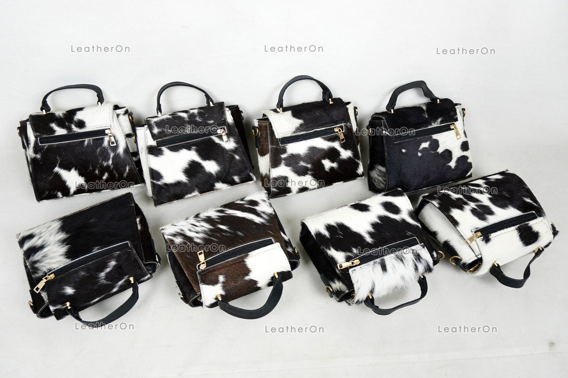 Cowhide Mini Hand Bag with Strap | 100% Natural Cowhide Top Handle Bag | Real Hair On Cowhide Leather Ladies Bag | Cow Skin Small Hand Bag