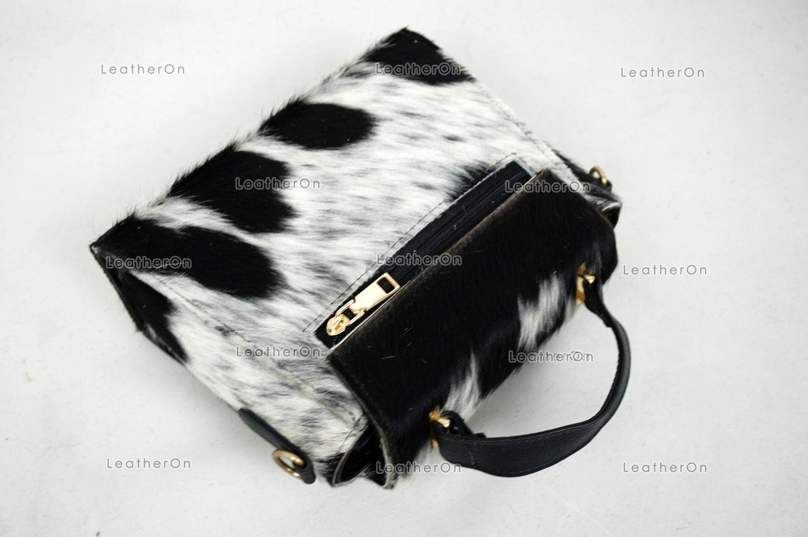Cowhide Mini Hand Bag with Strap | 100% Natural Cowhide Top Handle Bag | Real Hair On Cowhide Leather Ladies Bag | Cow Skin Small Hand Bag