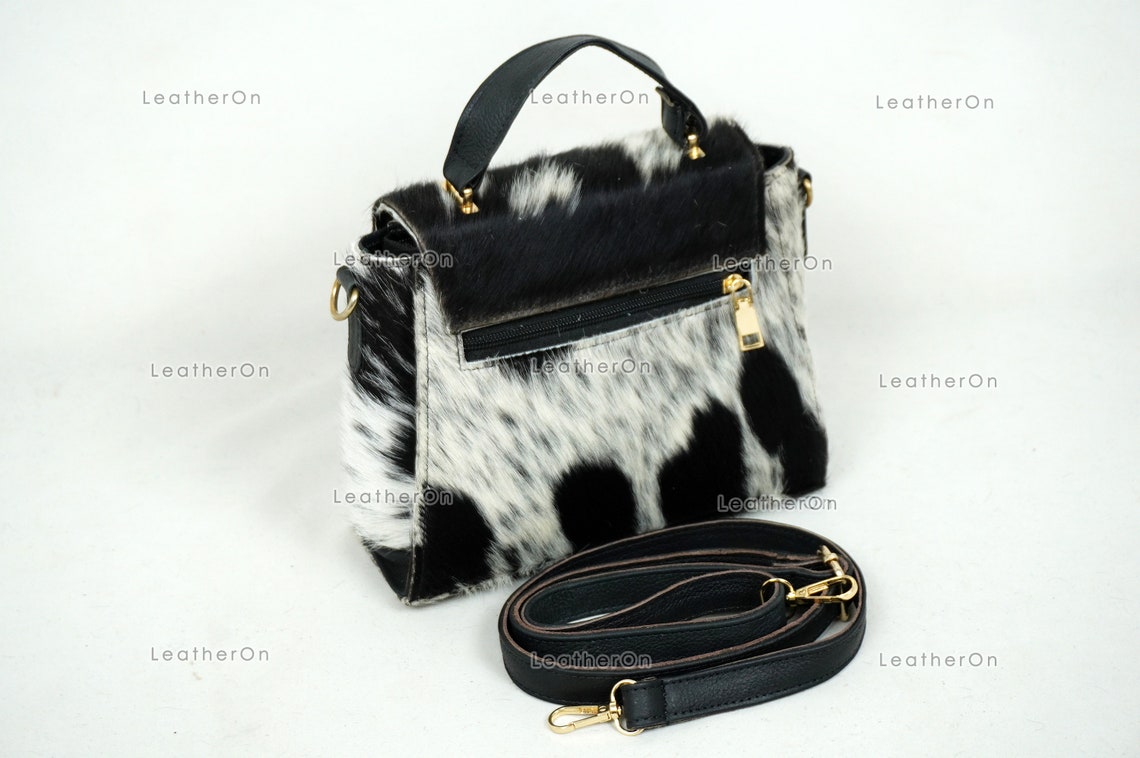 Cowhide Mini Hand Bag with Strap | 100% Natural Cowhide Top Handle Bag | Real Hair On Cowhide Leather Ladies Bag | Cow Skin Small Hand Bag