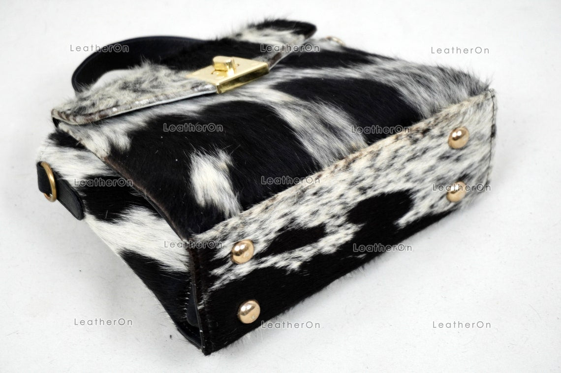 Cowhide Mini Hand Bag with Strap | 100% Natural Cowhide Top Handle Bag | Real Hair On Cowhide Leather Ladies Bag | Cow Skin Small Hand Bag