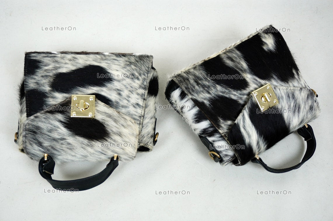 Cowhide Mini Hand Bag with Strap | 100% Natural Cowhide Top Handle Bag | Real Hair On Cowhide Leather Ladies Bag | Cow Skin Small Hand Bag