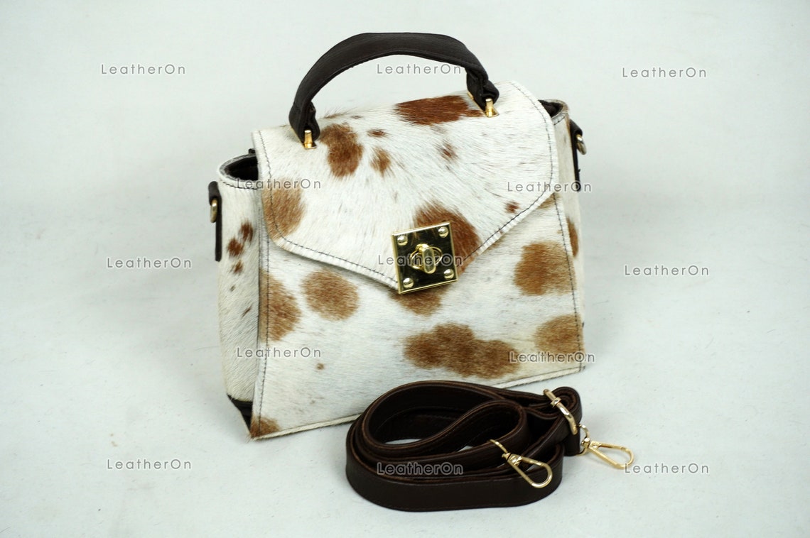 Cowhide Mini Hand Bag with Strap | 100% Natural Cowhide Top Handle Bag | Real Hair On Cowhide Leather Ladies Bag | Cow Skin Small Hand Bag
