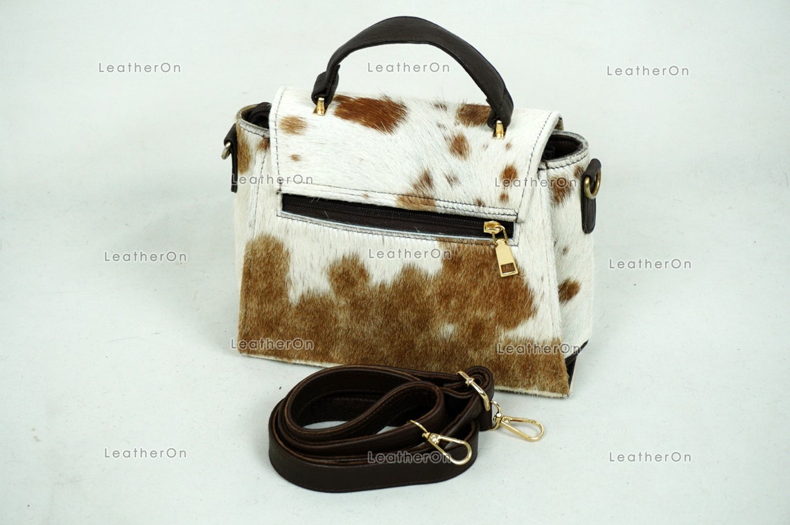 Cowhide Mini Hand Bag with Strap | 100% Natural Cowhide Top Handle Bag | Real Hair On Cowhide Leather Ladies Bag | Cow Skin Small Hand Bag