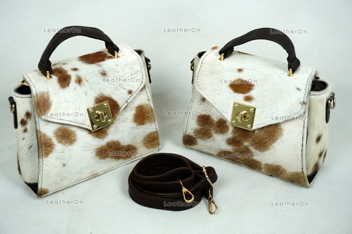 Cowhide Mini Hand Bag with Strap | 100% Natural Cowhide Top Handle Bag | Real Hair On Cowhide Leather Ladies Bag | Cow Skin Small Hand Bag